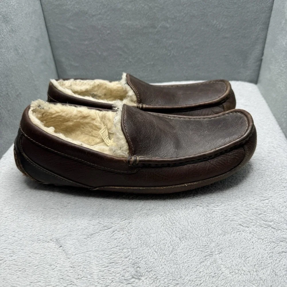 UGG Ascot Brown Leather Comfort Indoor Moccasin Loafers Slipper Men's Size 10